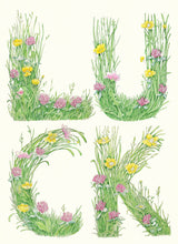 Load image into Gallery viewer, Luck - letters made out of meadow grass - greetings card