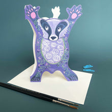 Load image into Gallery viewer, Star jumping Badger- Die Cut Greetings Card