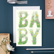 Load image into Gallery viewer, Baby - letters made out of meadow grass - greetings card