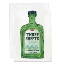 Load image into Gallery viewer, Greeting card with a green liquor bottle design on a white background
