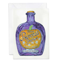 Load image into Gallery viewer, Greeting card with a purple potion bottle design on a white background