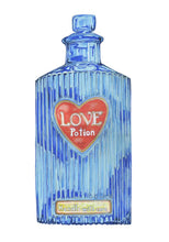 Load image into Gallery viewer, Blue potion bottle with a red heart labeled 'Love Potion' on a white background