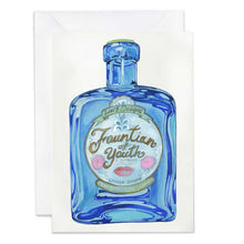 Load image into Gallery viewer, Greeting card with a blue bottle of gin design on a white background