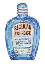 Load image into Gallery viewer, Blue bottle labeled 'Regular Exercise' with humorous text on a white background