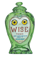 Load image into Gallery viewer, Green owl-shaped bottle labeled 'Wise Tonic' on a white background