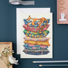 Load image into Gallery viewer, Tiger asleep on a pile of cushions - Card