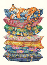 Load image into Gallery viewer, Tiger asleep on a pile of cushions - Card