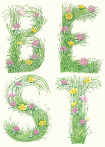 Best - letters made out of meadow grass -greetings card
