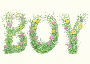 Boy - letters made out of meadow grass - greetings card