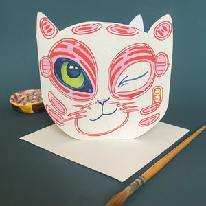 Winking Cat Face - Die Cut Card