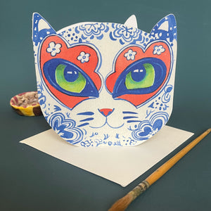 Delft Cat Face - Die Cut Card