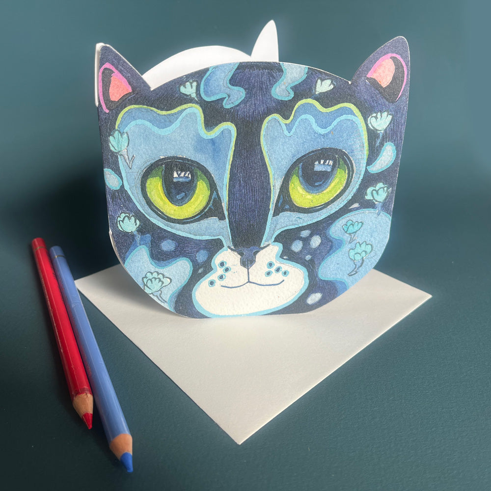 Prussian Blue Cat Face - Die Cut Card