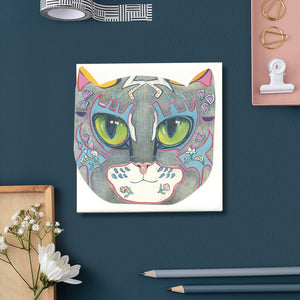 Stripped Grey Cat Face - Die Cut Card