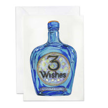 Load image into Gallery viewer, Greeting card with a blue bottle design featuring '3 Wishes' on a white background
