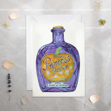 Load image into Gallery viewer, Greeting card with a purple potion bottle design on a textured surface.
