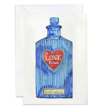 Load image into Gallery viewer, Greeting card with a blue potion bottle labeled 'Love Potion' on a white background
