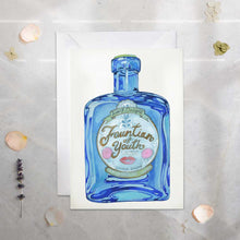 Load image into Gallery viewer, Fountain of Youth gin bottle illustration on a white card with a light gray background

