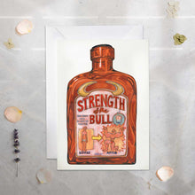 Load image into Gallery viewer, Illustration of a bottle labeled 'Strength of the Bull' on a textured surface with decorative elements.
