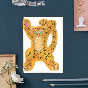 Leopard Star jumping - Die Cut Greetings Card