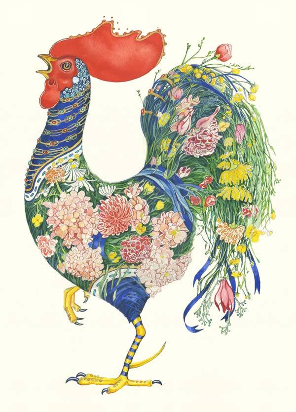 Rooster with Flowers - Card - The DM Collection
